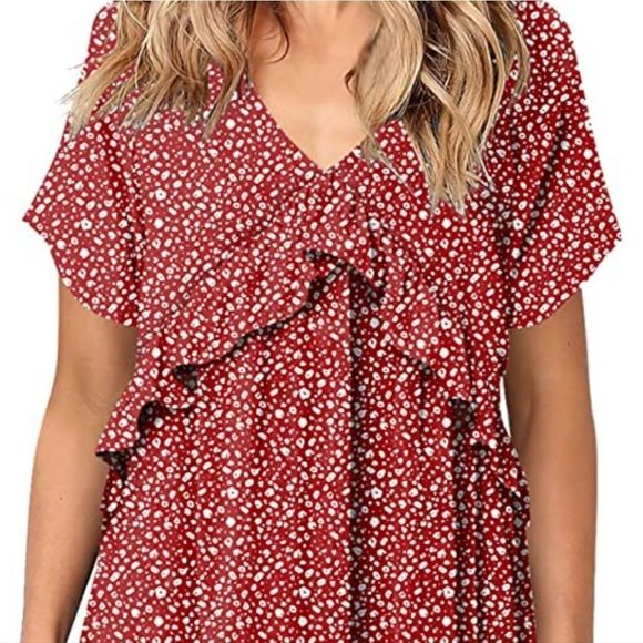 NWT FOWSMON Womens Ruffle Flowy Swing Dress Short Sleeve V Neck Loose Fit - Picture 2 of 7